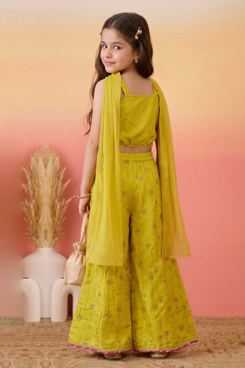 Girls Yellow Embroidered Crop Top and Palazzo With Dupatta Set Ethnic outfit for girls