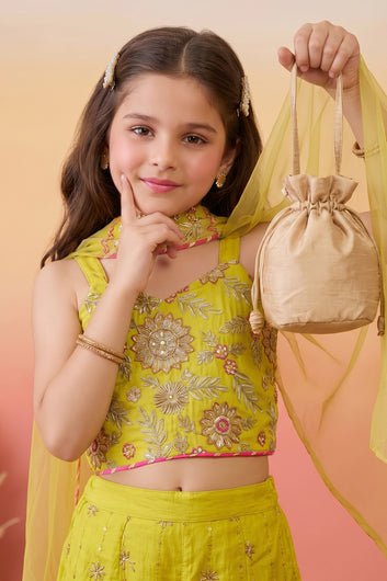 Girls Yellow Embroidered Crop Top and Palazzo With Dupatta Set Ethnic outfit for girls