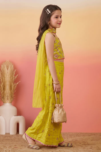 Girls Yellow Embroidered Crop Top and Palazzo With Dupatta Set Ethnic outfit for girls