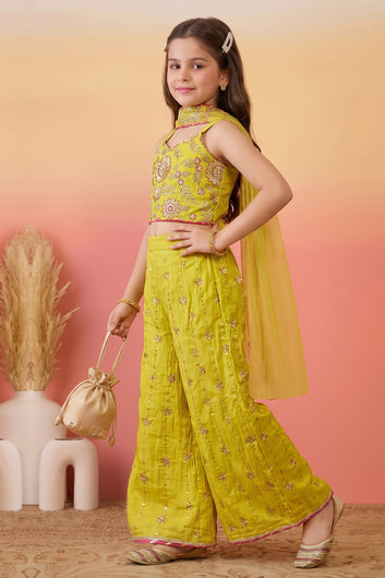 Girls Yellow Embroidered Crop Top and Palazzo With Dupatta Set Ethnic outfit for girls