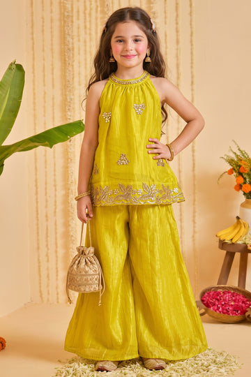 Girls Yellow Floral Embroidered Top and Palazzo Set For Festive Wear