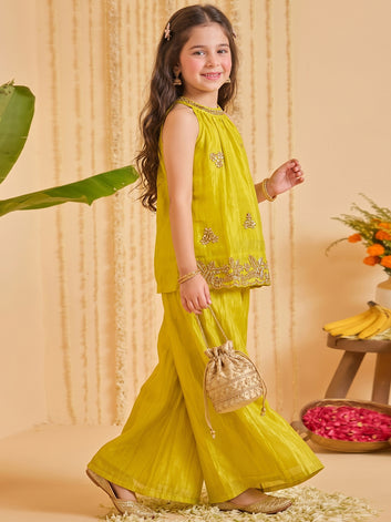 Girls Yellow Floral Embroidered Top and Palazzo Set For Festive Wear