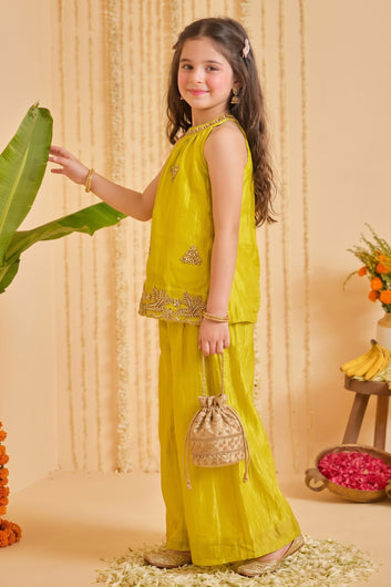Girls Yellow Floral Embroidered Top and Palazzo Set For Festive Wear