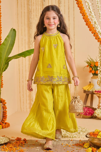 Girls Yellow Floral Embroidered Top and Palazzo Set For Festive Wear