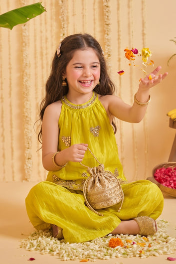 Girls Yellow Floral Embroidered Top and Palazzo Set For Festive Wear