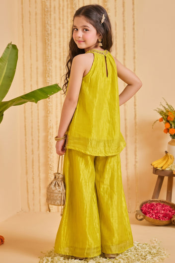 Girls Yellow Floral Embroidered Top and Palazzo Set For Festive Wear