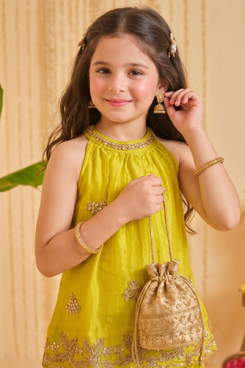Girls Yellow Floral Embroidered Top and Palazzo Set For Festive Wear