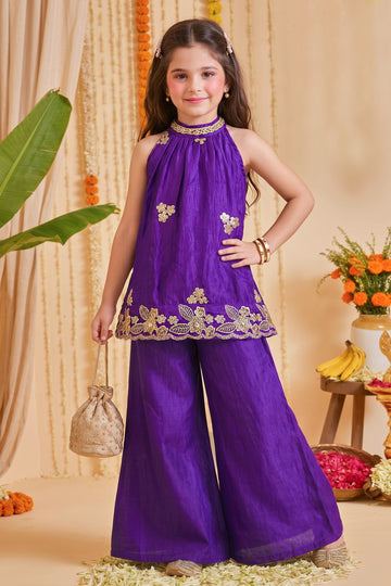 Girls Purple Embroidered Top and Palazzo Set For Festive Wear