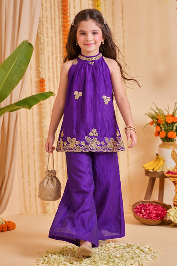 Girls Purple Embroidered Top and Palazzo Set For Festive Wear