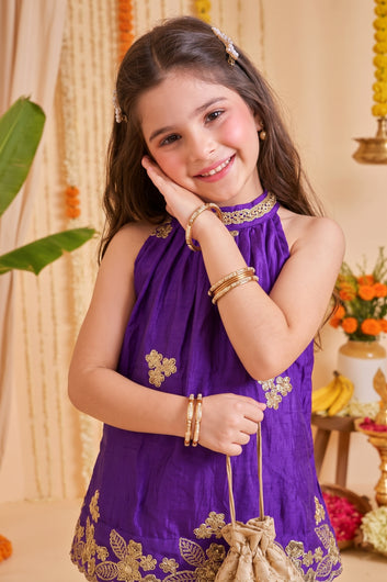 Girls Purple Embroidered Top and Palazzo Set For Festive Wear