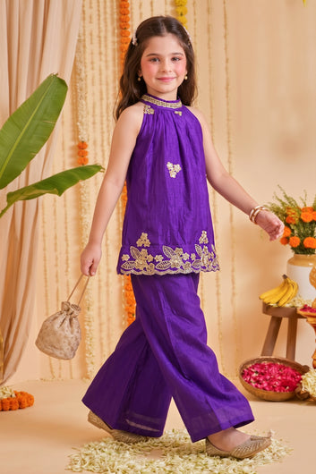 Girls Purple Embroidered Top and Palazzo Set For Festive Wear