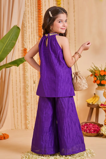 Girls Purple Embroidered Top and Palazzo Set For Festive Wear
