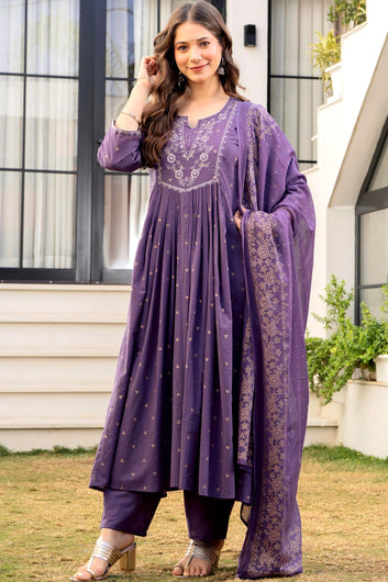 Women Lavender Silk Blend Embroidered Kurta with Pant & Dupatta Ethnic Set