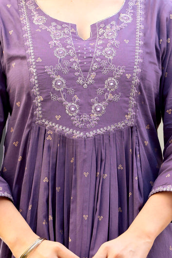 Women Lavender Silk Blend Embroidered Kurta with Pant & Dupatta Ethnic Set