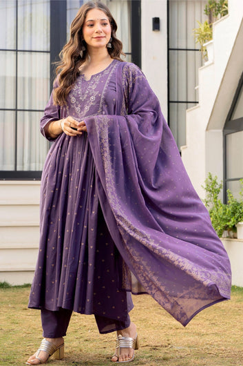 Women Lavender Silk Blend Embroidered Kurta with Pant & Dupatta Ethnic Set