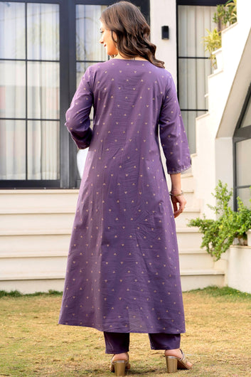 Women Lavender Silk Blend Embroidered Kurta with Pant & Dupatta Ethnic Set