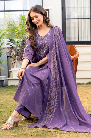 Women Lavender Silk Blend Embroidered Kurta with Pant & Dupatta Ethnic Set