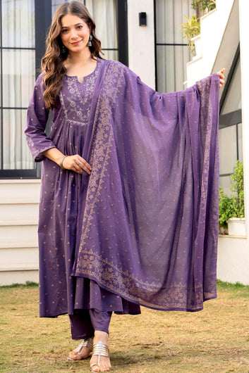 Women Lavender Silk Blend Embroidered Kurta with Pant & Dupatta Ethnic Set