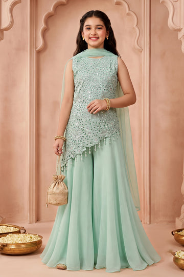 Girls Mint Green Georgette Sequin Embroidered Cut Work Top And Palazzo With Dupatta Set Traditional Outfit