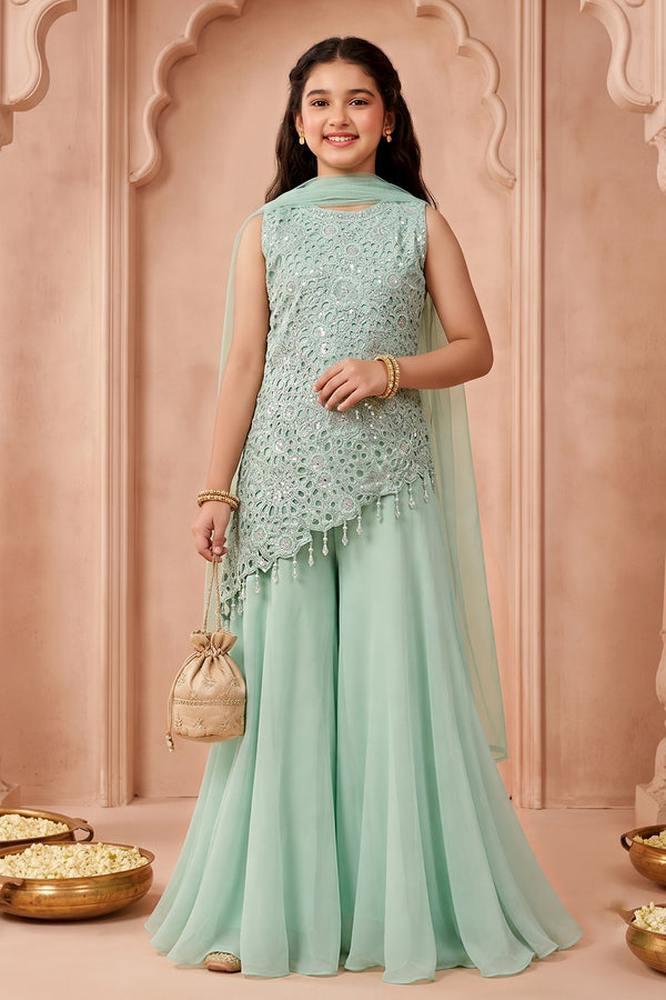 Girls Mint Green Georgette Sequin Embroidered Cut Work Top And Palazzo With Dupatta Set Traditional Outfit