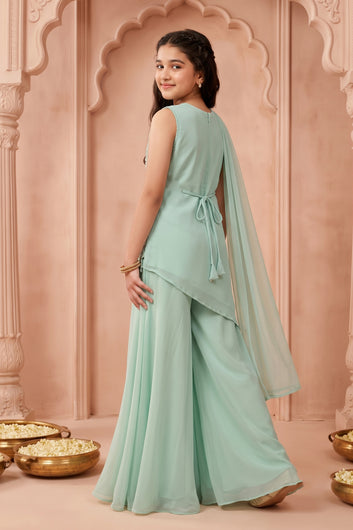 Girls Mint Green Georgette Sequin Embroidered Cut Work Top And Palazzo With Dupatta Set Traditional Outfit