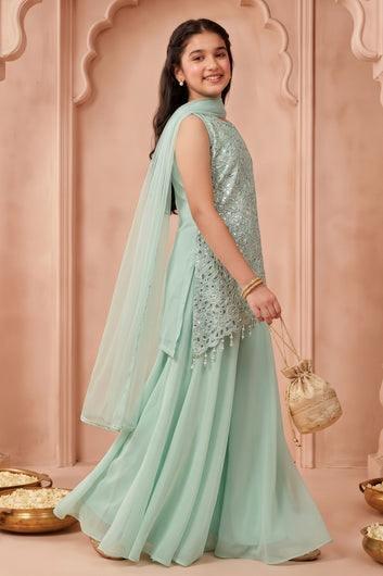 Girls Mint Green Georgette Sequin Embroidered Cut Work Top And Palazzo With Dupatta Set Traditional Outfit