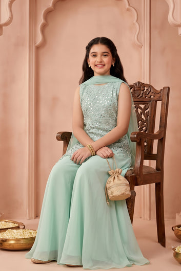 Girls Mint Green Georgette Sequin Embroidered Cut Work Top And Palazzo With Dupatta Set Traditional Outfit