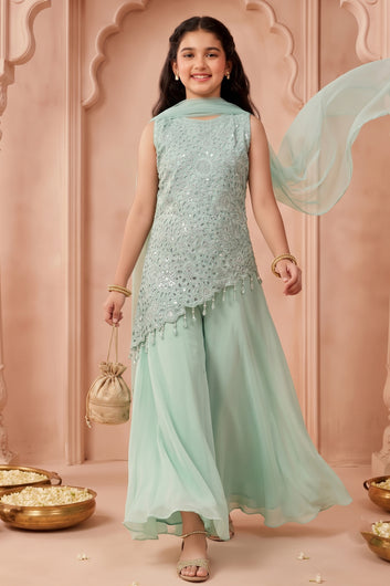 Girls Mint Green Georgette Sequin Embroidered Cut Work Top And Palazzo With Dupatta Set Traditional Outfit
