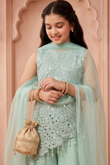 Girls Mint Green Georgette Sequin Embroidered Cut Work Top And Palazzo With Dupatta Set Traditional Outfit