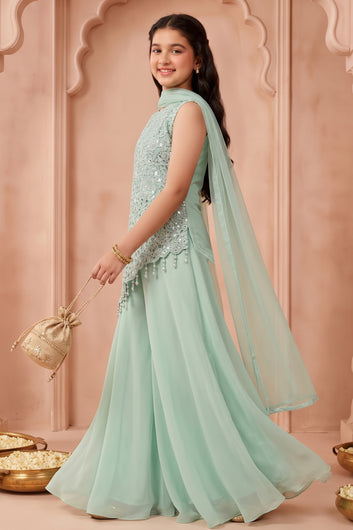 Girls Mint Green Georgette Sequin Embroidered Cut Work Top And Palazzo With Dupatta Set Traditional Outfit