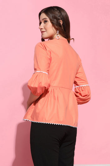 Women's Orange Rayon Solid Peplum Style Top
