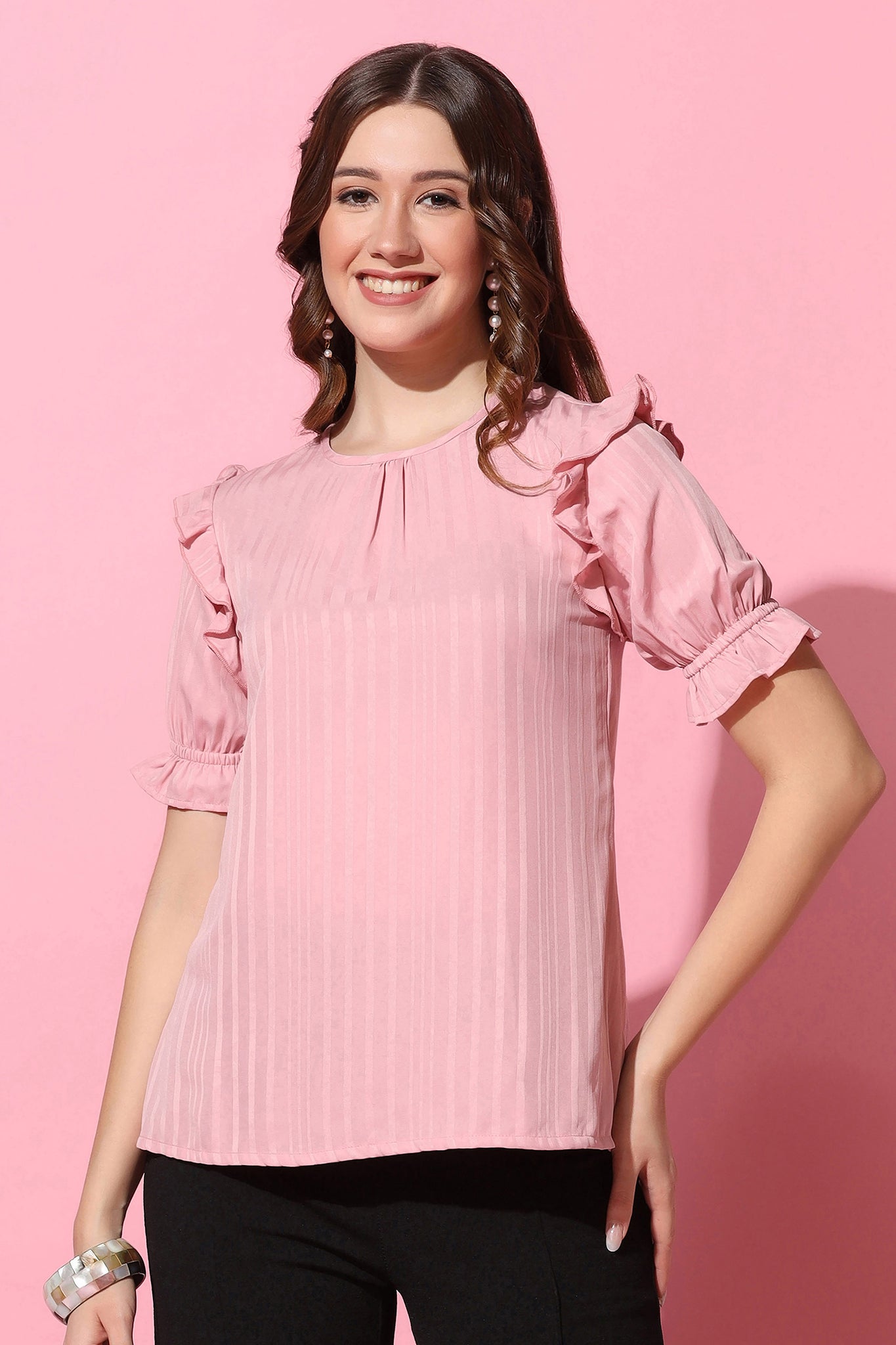 Women's Pink Striped Printed Puff Sleeve Top