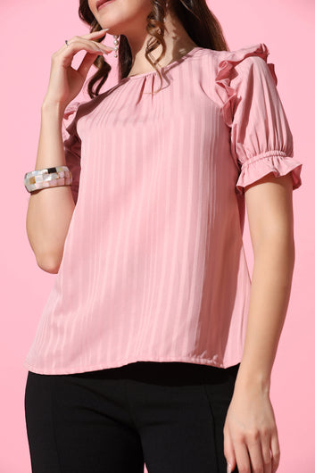 Women's Pink Striped Printed Puff Sleeve Top