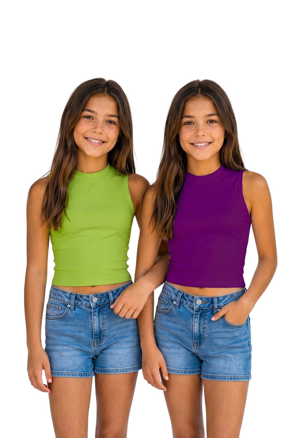 Girls Muticolor Rib Solid, Crew Neck Combo Crop Top Girls Casual Top