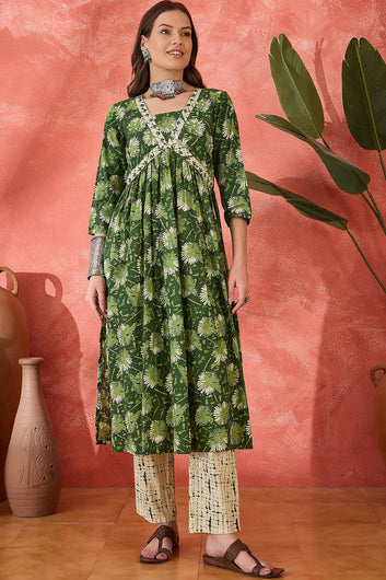 Womens Green Cotton kurta Pant with dupatta Set