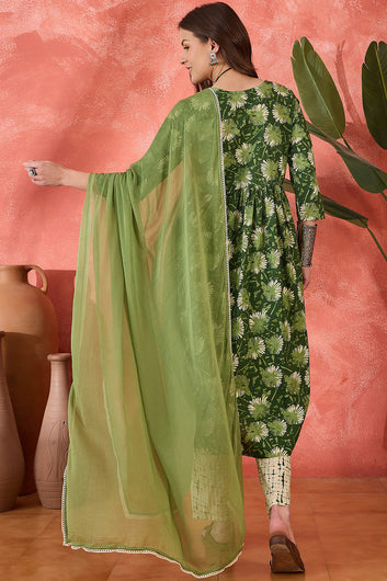 Womens Green Cotton kurta Pant with dupatta Set