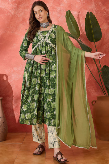 Womens Green Cotton kurta Pant with dupatta Set