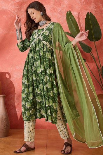 Womens Green Cotton kurta Pant with dupatta Set