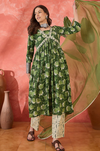 Womens Green Cotton kurta Pant with dupatta Set
