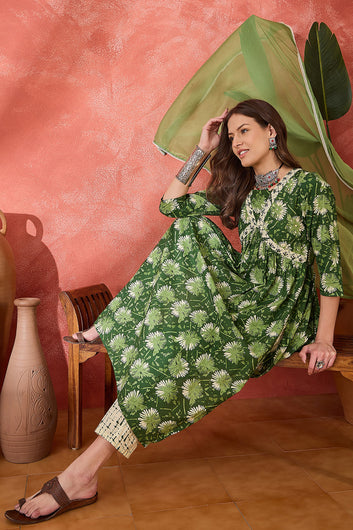 Womens Green Cotton kurta Pant with dupatta Set