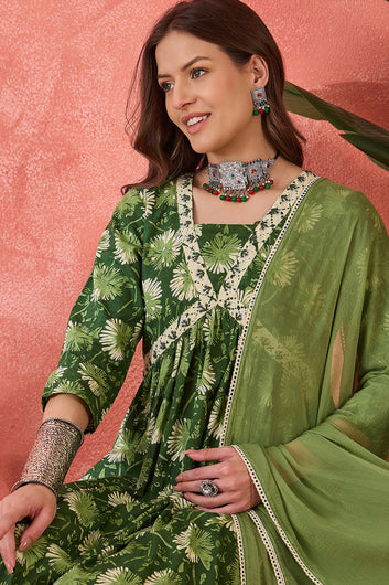 Womens Green Cotton kurta Pant with dupatta Set