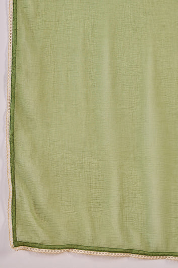 Womens Green Cotton kurta Pant with dupatta Set