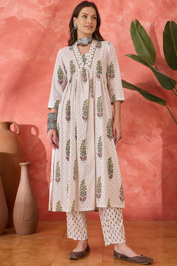 Womens White Cotton Printed Kurta Pant With Dupatta Set