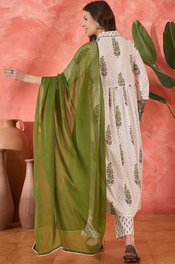 Womens White Cotton Printed Kurta Pant With Dupatta Set