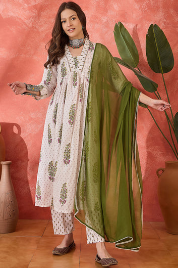 Womens White Cotton Printed Kurta Pant With Dupatta Set