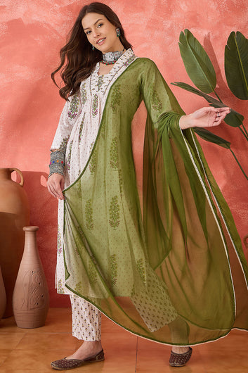 Womens White Cotton Printed Kurta Pant With Dupatta Set