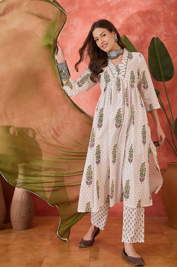 Womens White Cotton Printed Kurta Pant With Dupatta Set