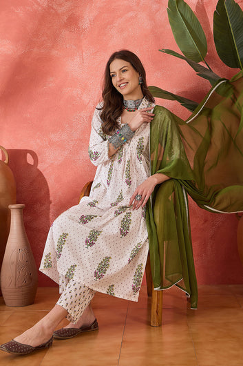 Womens White Cotton Printed Kurta Pant With Dupatta Set