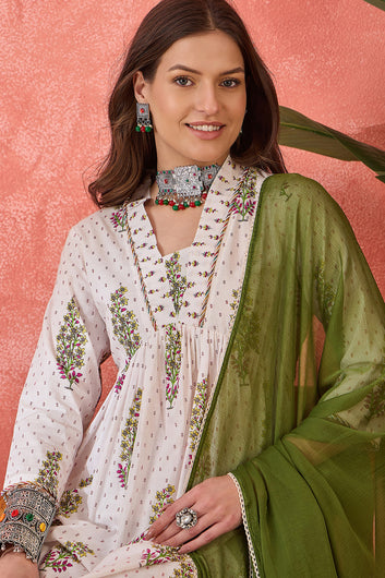 Womens White Cotton Printed Kurta Pant With Dupatta Set
