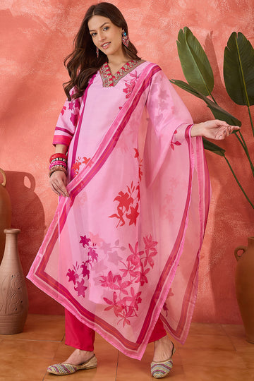 Womens Pink Cotton Blend Floral Printed Ankle Length Straight Kurta And Pant With Dupatta Set